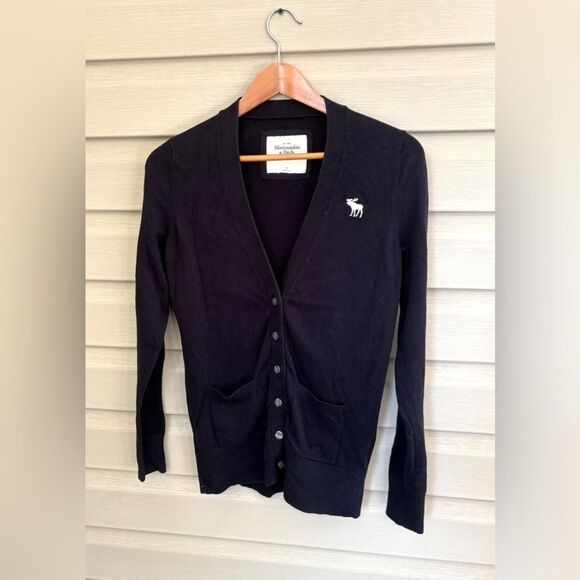 ABERCROMBIE & FITCH navy blue cardigan cotton & cashmere moose logo sz M EUC - Picture 1 of 12